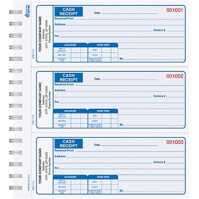 Custom Cash Receipt Book, 3-to-a-page, Duplicate, 225 Sets/Book