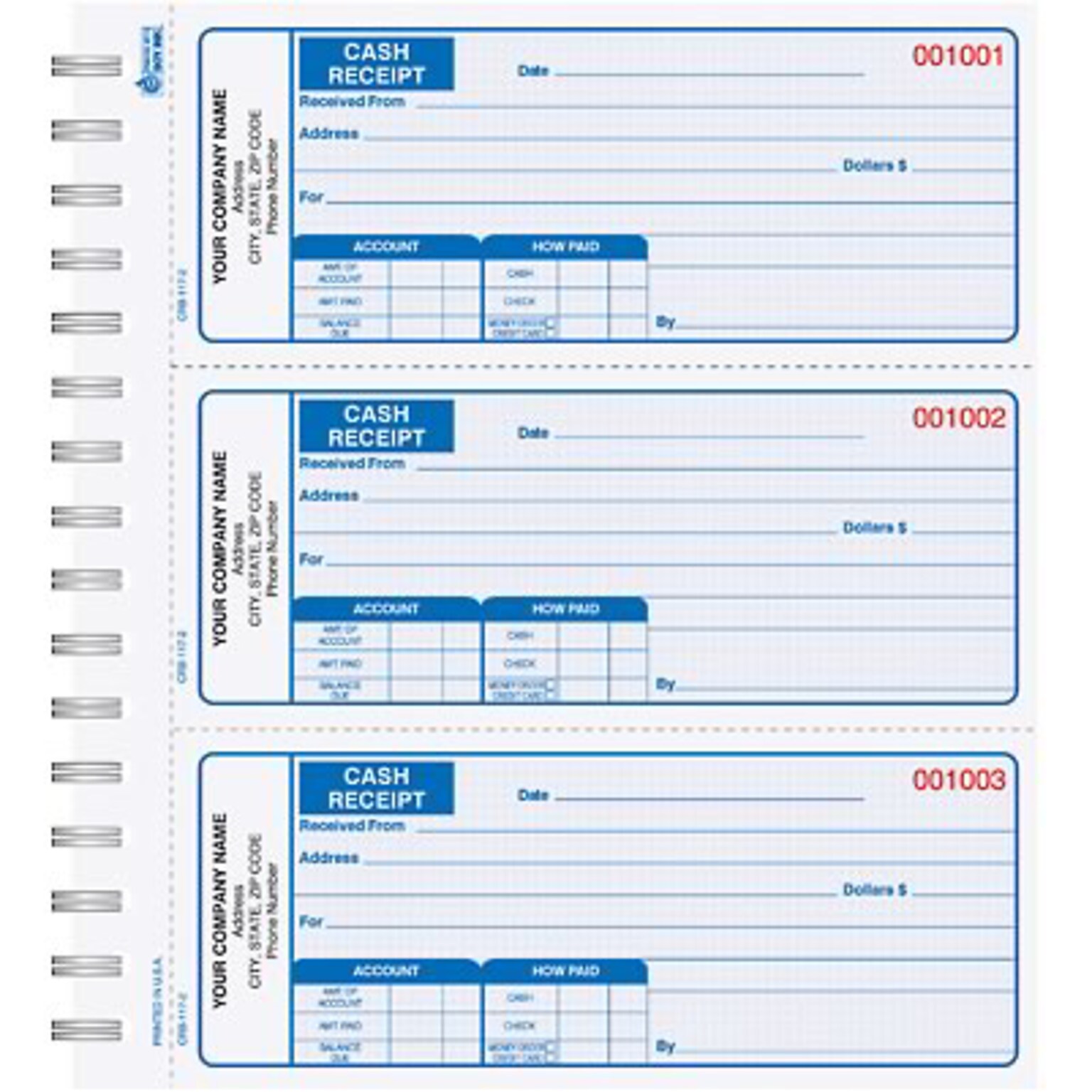 Custom Cash Receipt Book, 3-to-a-page, Duplicate, 225 Sets/Book