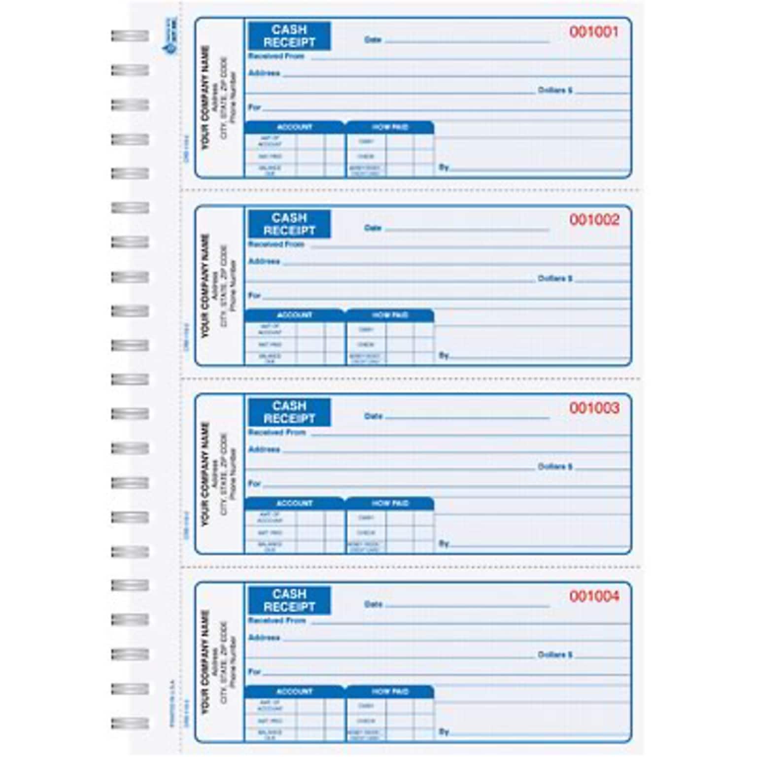 Custom Cash Receipt Book, 4-to-a-page, Duplicate, 300 Sets/Book