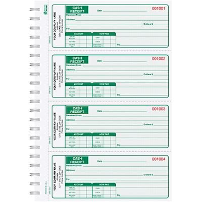 Custom Cash Receipt Book, 4-to-a-page, Triplicate, 200 Sets/Book