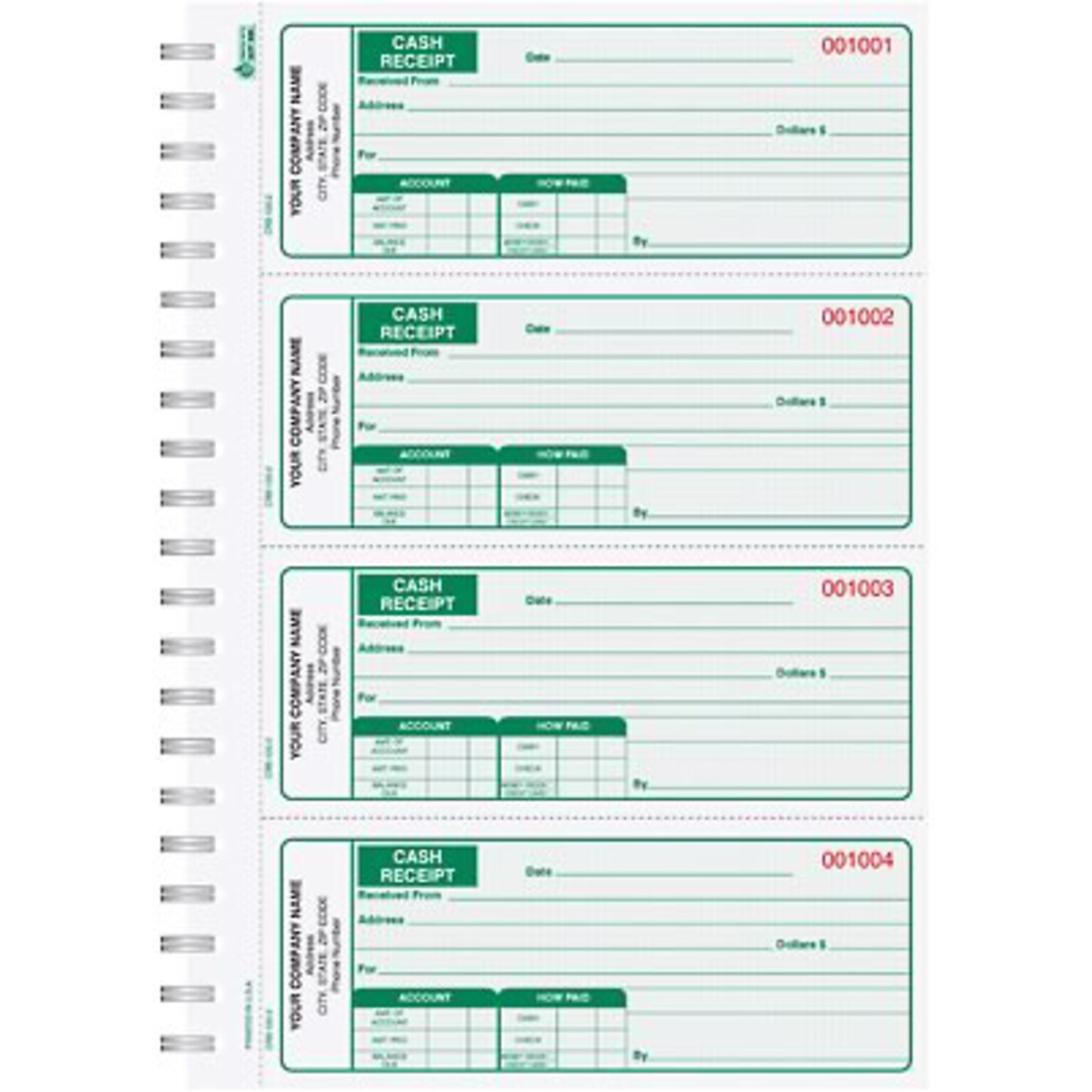 Custom Cash Receipt Book, 4-to-a-page, Triplicate, 200 Sets/Book