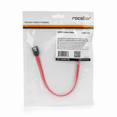 Rocstor Premium 1' Latching SATA to Right Angle SATA Data Cable, Male to Male, Red (Y10C857-RD)