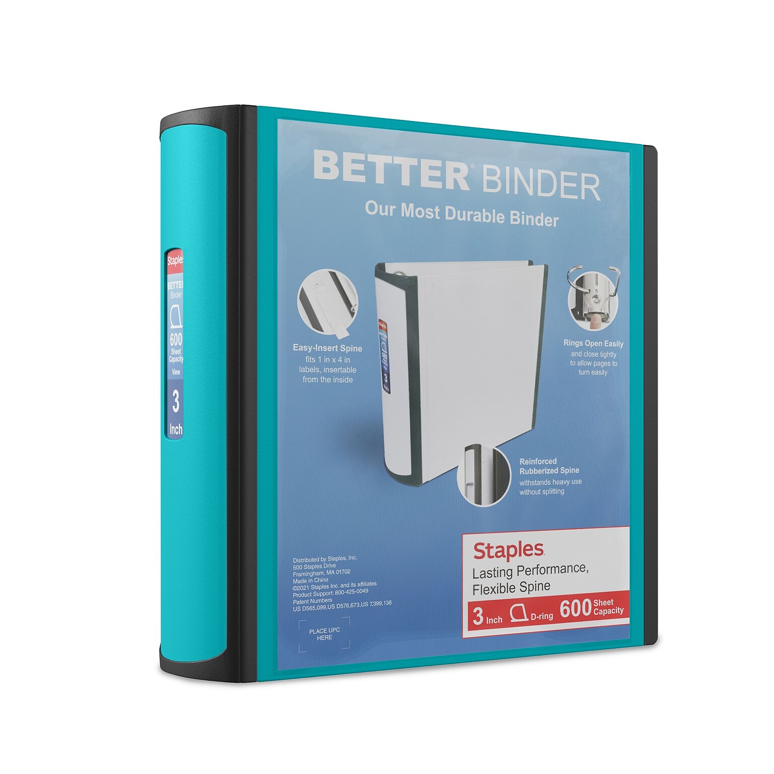 Staples Heavy Duty 3 3-Ring Better Binder, D-Ring, Teal (ST55891-CC)
