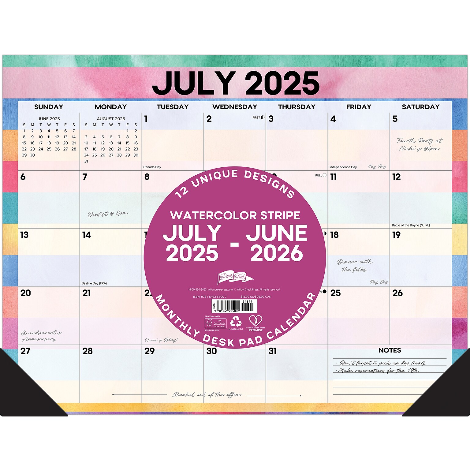 2025-2026 Willow Creek Watercolor Stripe 22 x 17 Academic Monthly Desk Pad Calendar (55007)
