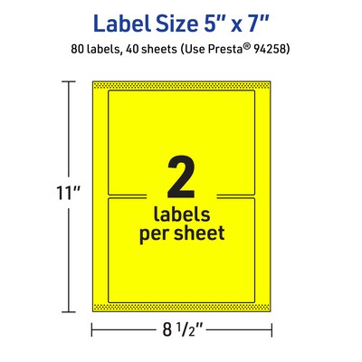 Avery Laser/Inkjet Rectangle Multipurpose Labels, 5" x 7", Neon Yellow, 80/Pack (94258)