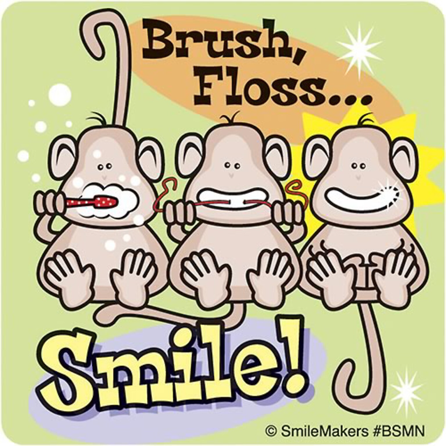 Smilemakers® Dental Stickers; Brush, Floss, Smile Monkey Sticker