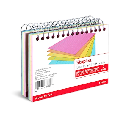 Staples™ 3 x 5 Index Cards, Lined, Neon, 50 Cards/Pack, 2 Packs/Carton (TR50994)