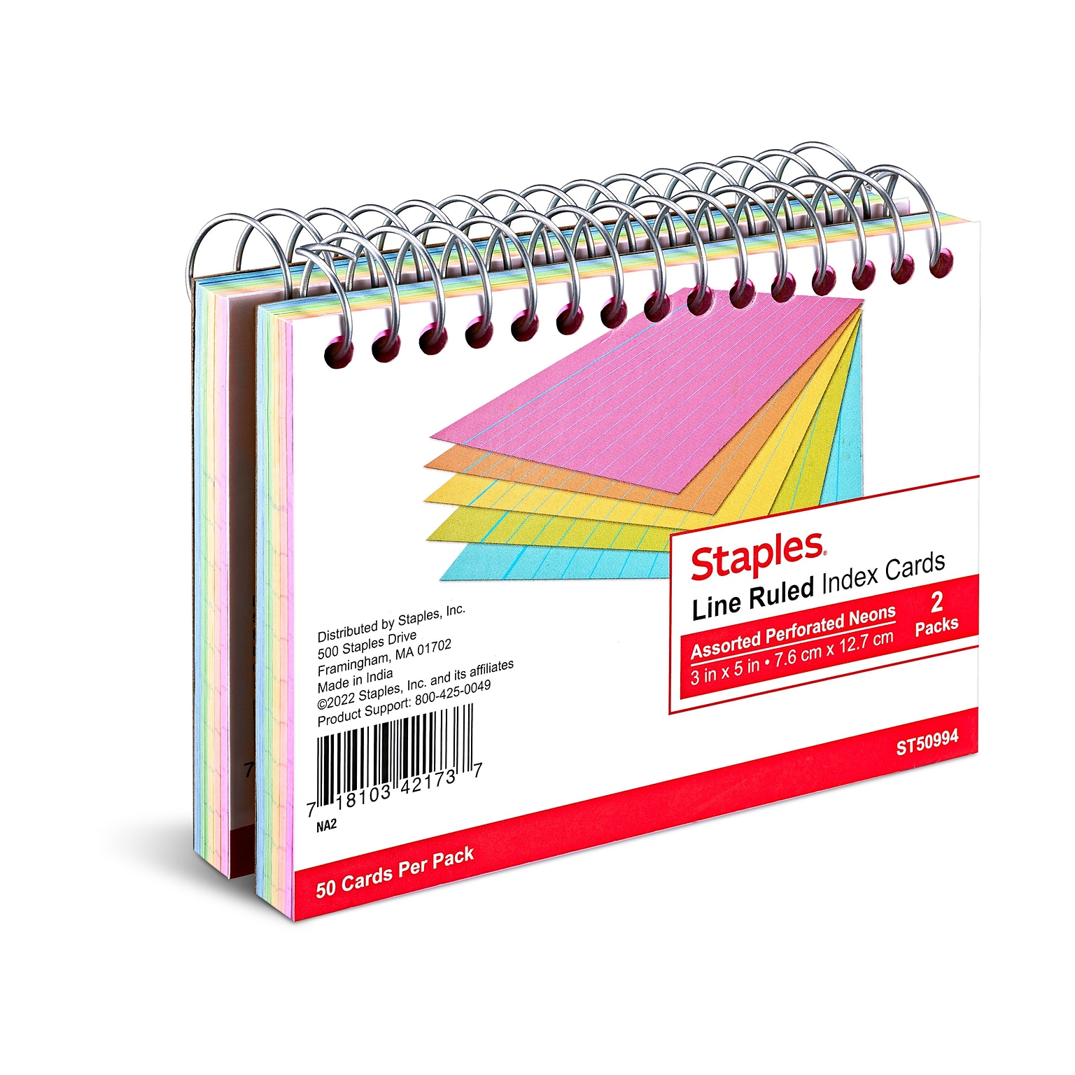 Staples™ 3 x 5 Index Cards, Lined, Neon, 50 Cards/Pack, 2 Packs/Carton (TR50994)