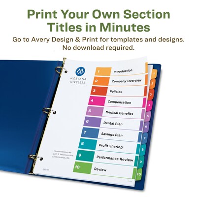Avery Ready Index Table of Contents EcoFriendly Paper Dividers, 1-10 Tabs, Multicolor, 3 Sets/Pack (11082)