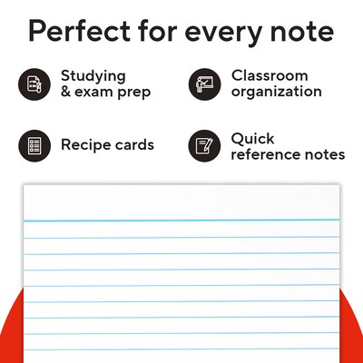 Staples Index Cards, 3" x 5", Lined, White, 500 Pack – Ruled Cards for Studying, Notes & Classroom Use