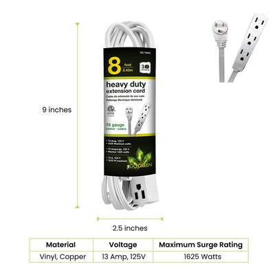GoGreen Power 8 Extension Cord, 3-Outlet, 16 AWG, White (GG-19608)