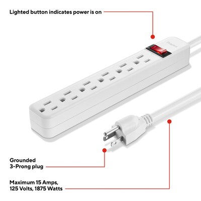 Staples TECH 6-Outlet Power Strip, 6' Cord, White, 3/Pack (42320)
