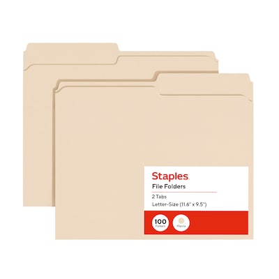 Staples Manila File Folders, Letter Size, 2-Tab Assorted Positions, Durable Paper Stock, 100/Box