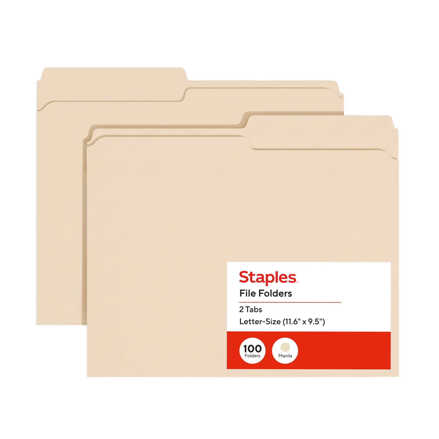 Staples Manila File Folders, Letter Size, 2-Tab Assorted Positions, Durable Paper Stock, 100/Box