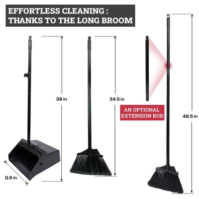 BISON LIFE Heavy Duty 48.5" Adjustable Lobby Dustpan and Broom Set, Black (BPES-DPBK-12A)
