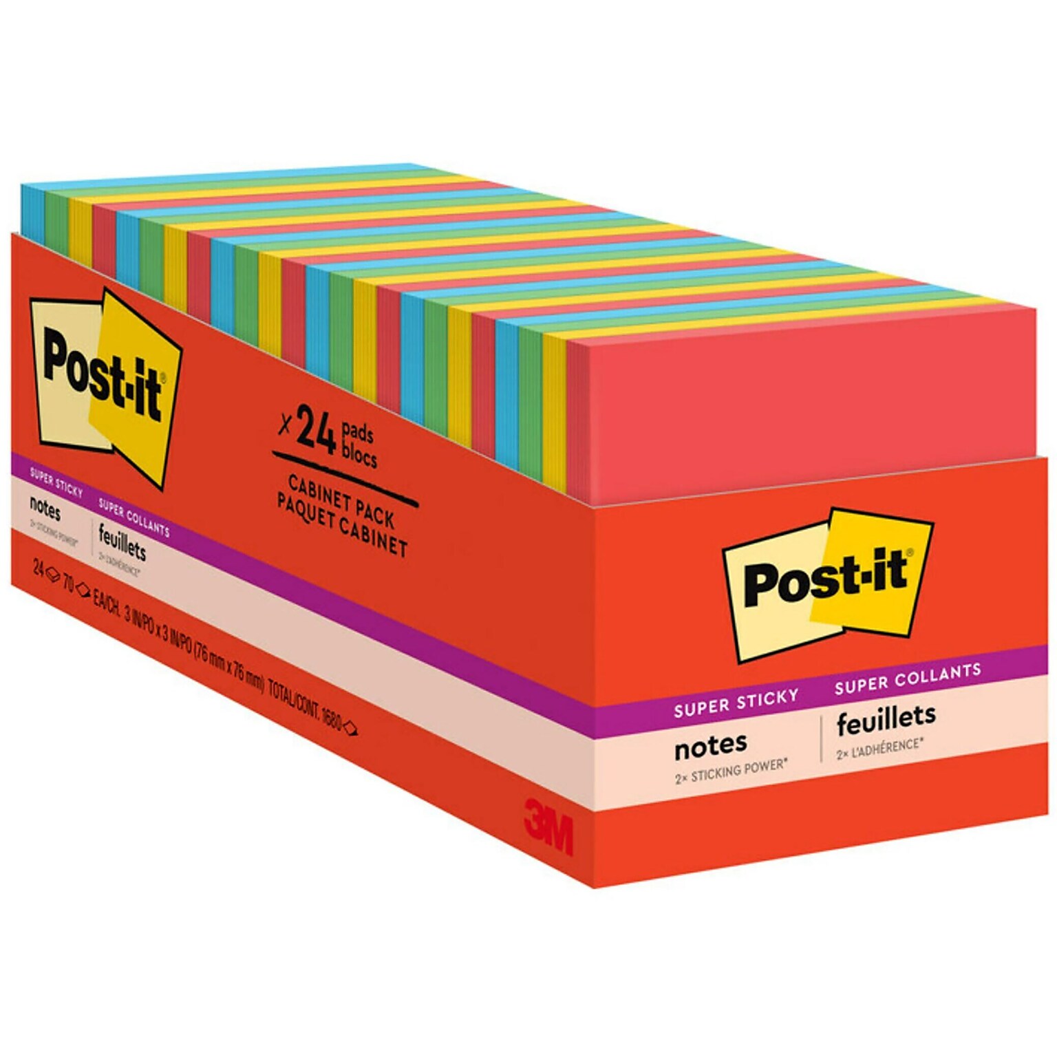 Post-it Super Sticky Notes, 3 x 3, Playful Primaries Collection, 70 Sheet/Pad, 24 Pads/Pack (65424SSANCP)