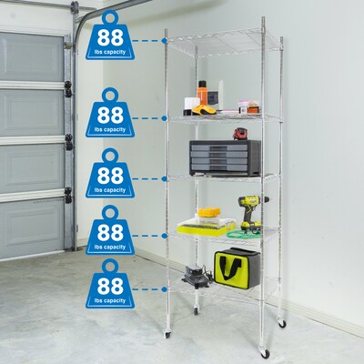 Mount-It! 5-Tier Wire Shelving Unit with Wheels, Holds 88 lbs per shelf, Silver (MI-7862)