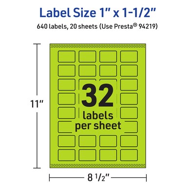 Avery Laser/Inkjet Multipurpose Rectangle Labels, 1" x 1.5", Bright Green, 640/Pack (94219)