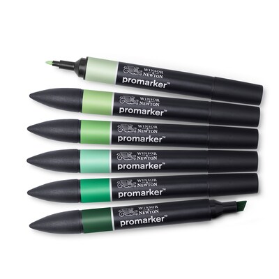 Winsor & Newton Promarker Dual-Tip Alcohol Based Marker, Green Tones, 6/Pack (WNX0290158)