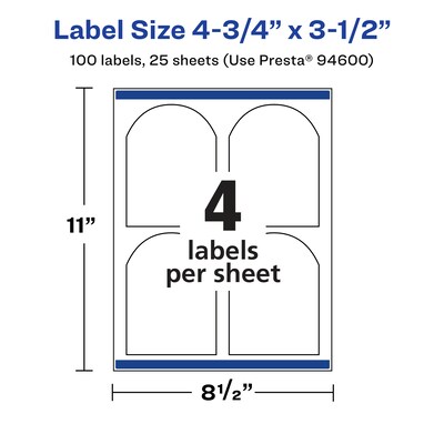 Avery Laser/Inkjet Decorative Edge Waterproof Multipurpose Labels, 3.5"  x 4.75", White, 100/Pack (94600)