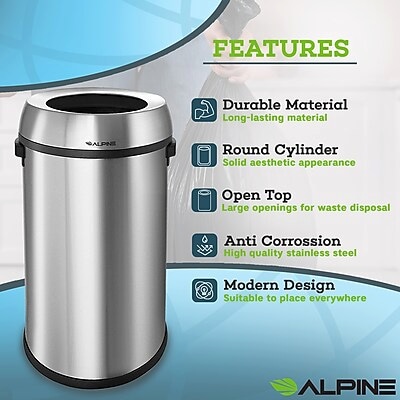 Alpine Industries Stainless Steel Trash Can with Open Lid, 17 Gallon, 2/Pack (ALP470-65L-2PK)