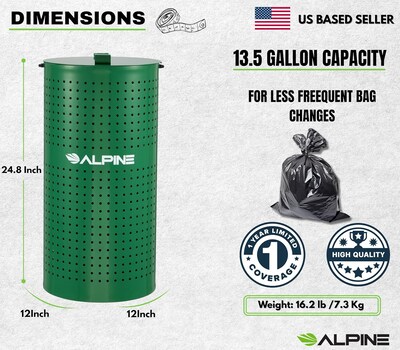 Alpine Industries Steel Outdoor Pet Waste Disposal Bin with Odor Control Lid, 13.5 Gallon, Green (ALP4005-01)