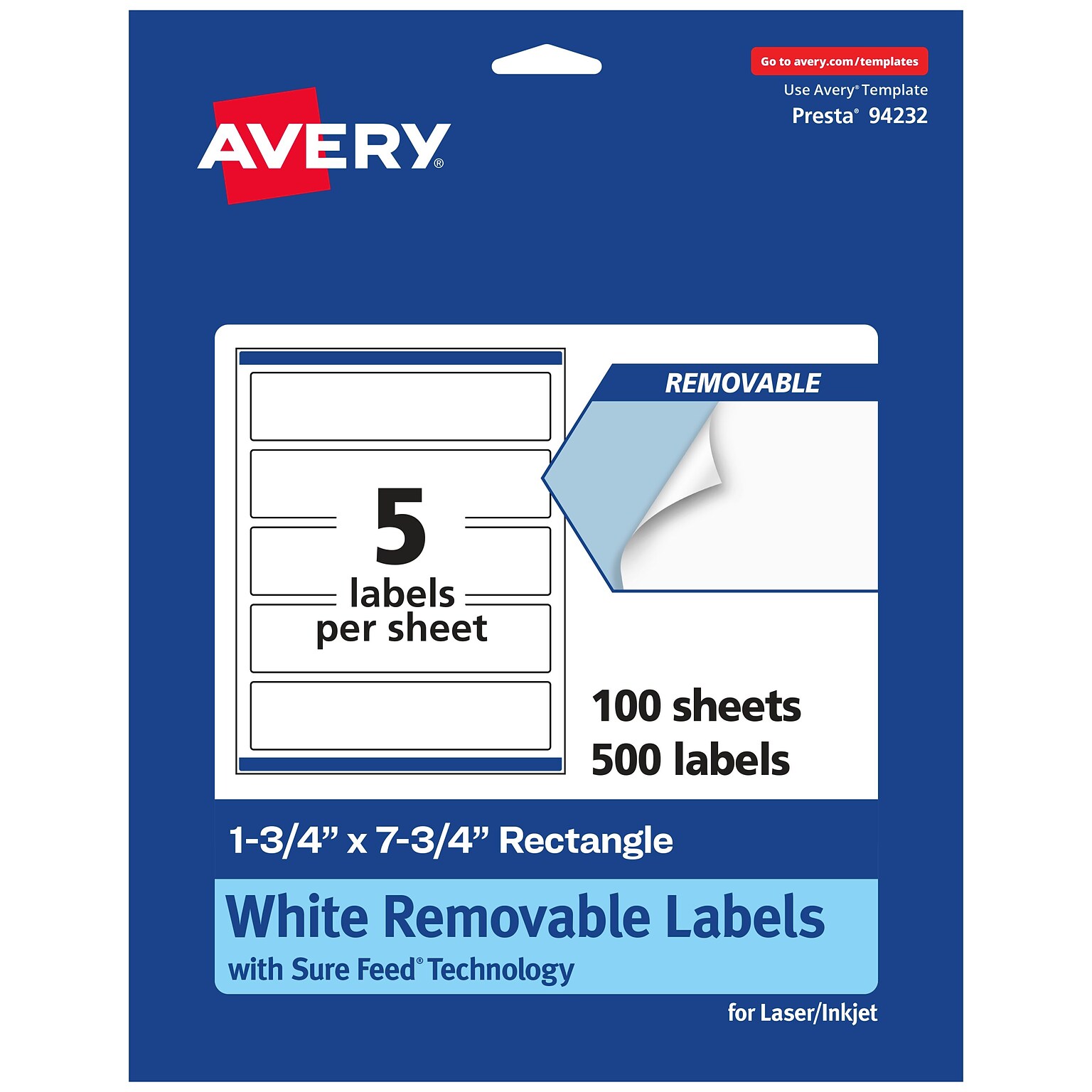 Avery Laser/Inkjet Rectangle Multipurpose Labels, 1.75 x 7.75, White, 500 Labels/Box (94232)