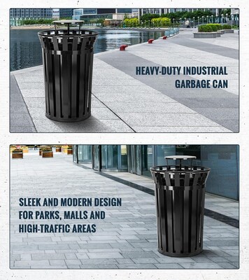 Alpine Industries Metal Outdoor Trash Can with Rain Bonnet Lid and Liner, 38 Gallon, Black (479-38-1)