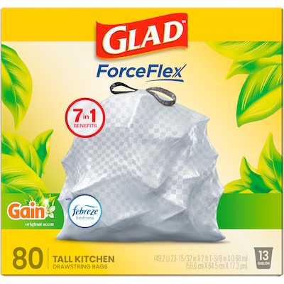 Glad ForceFlex Tall 13 Gallon Drawstring Kitchen Trash Bag, Gain Original with Febreze Freshness, White, 80 Total Bags (78750)