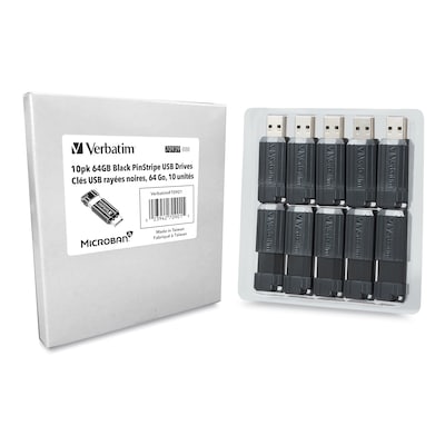 Verbatim PinStripe 64GB USB 2.0 Type A Flash Drive, Black, 10/Pack (70901)