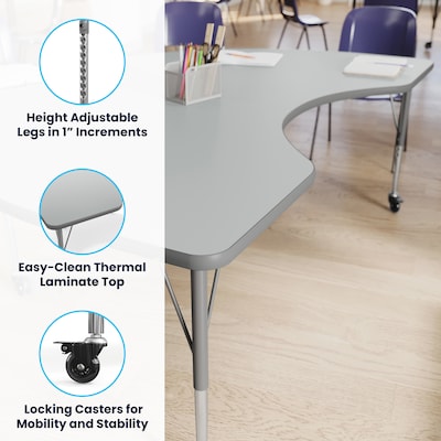 Flash Furniture Wren Kidney Activity Table, 72" x 48", Height Adjustable, Gray Top/Silver Frame (XUA4872KDGYTAC)