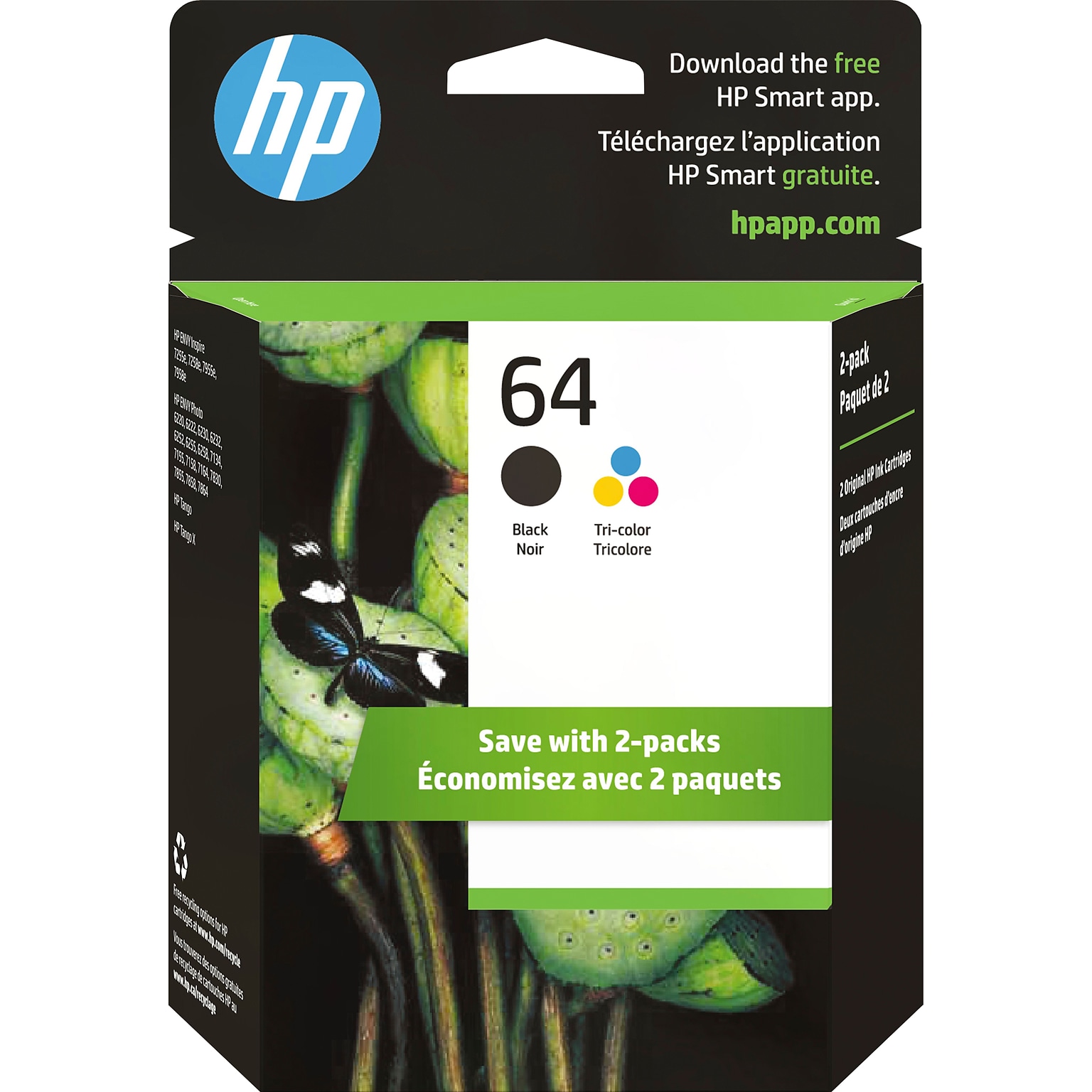 HP 64 Black/Tri-Color Standard Yield Ink Cartridge, 2/Pack (X4D92AN#140)