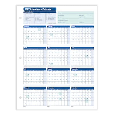 ComplyRight 2027 Attendance Calendar Card, 25 Forms/Pack (A4000W25)