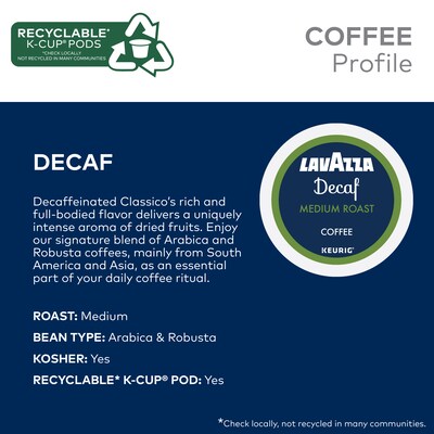 Lavazza Classico Decaf Coffee Keurig® K-Cup® Pods, Medium Roast, 22/Box (5000382581)