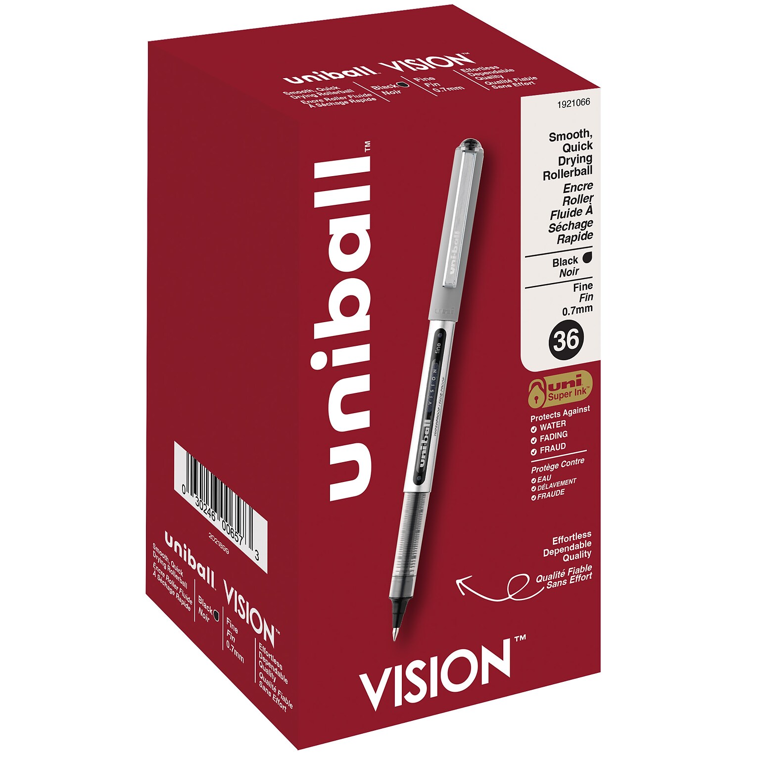 uni-ball Vision Rollerball Pens, Fine Point, 0.7mm, Black Ink, 36/Pack (1921066)