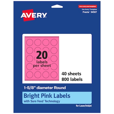 Avery Round Laser/Inkjet Multipurpose Labels, 1-5/8 Dia, Bright Pink (800/Box)
