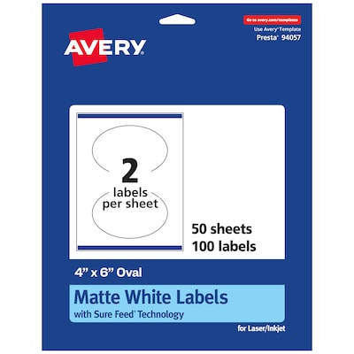 Avery Laser/Inkjet Oval  Multipurpose Labels, 6  Dia, Matte White, 100/Box (94057)