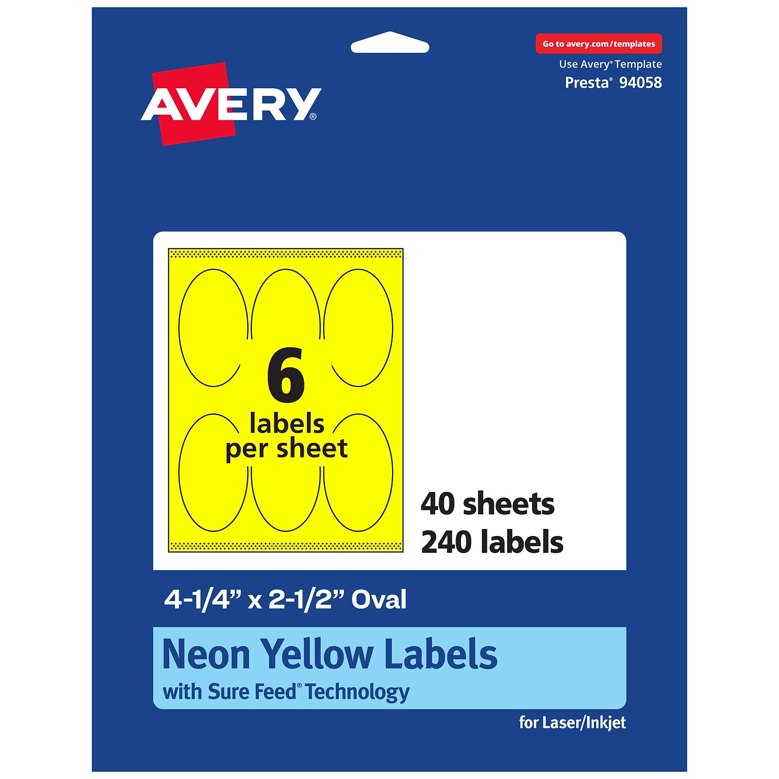 Avery Oval Laser/Inkjet Multipurpose Labels, 4.25 x 2.5, Neon Yellow (240/Box)