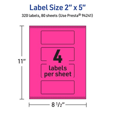 Avery Laser/Inkjet Rectangle Multipurpose Labels, 2" x 5", Neon Magenta, 320/Box (94241)