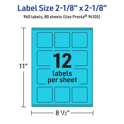Avery Printable Square Multipurpose Labels, 2-1/8" x 2-1/8", Bright Blue, 960/Box (94105)