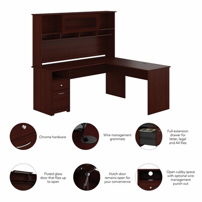 Bush Furniture Cabot 72"W L Shaped Computer Desk with Hutch and Drawers, Harvest Cherry (CAB053HVC)