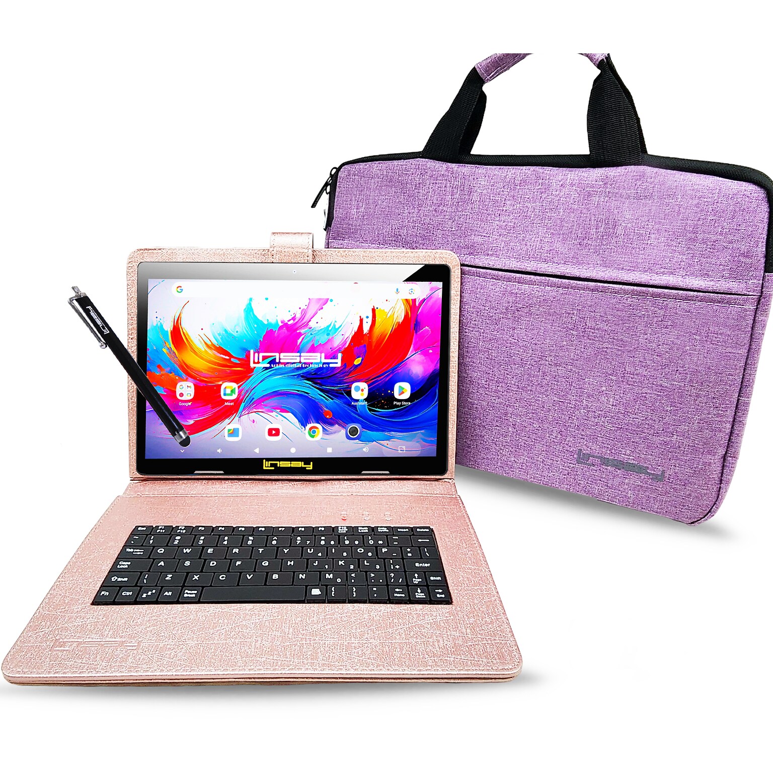 Linsay F10 Series 10.1 Tablet, Wi-Fi, Octa Core, 256GB eMMC, Android 15, with Purple Unique Oracle Keyboard Case & Briefcase