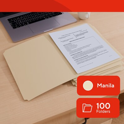 Staples 30% Recycled File Folders, Single Tab, Letter Size, Manila, 100/Box (ST56676-CC)