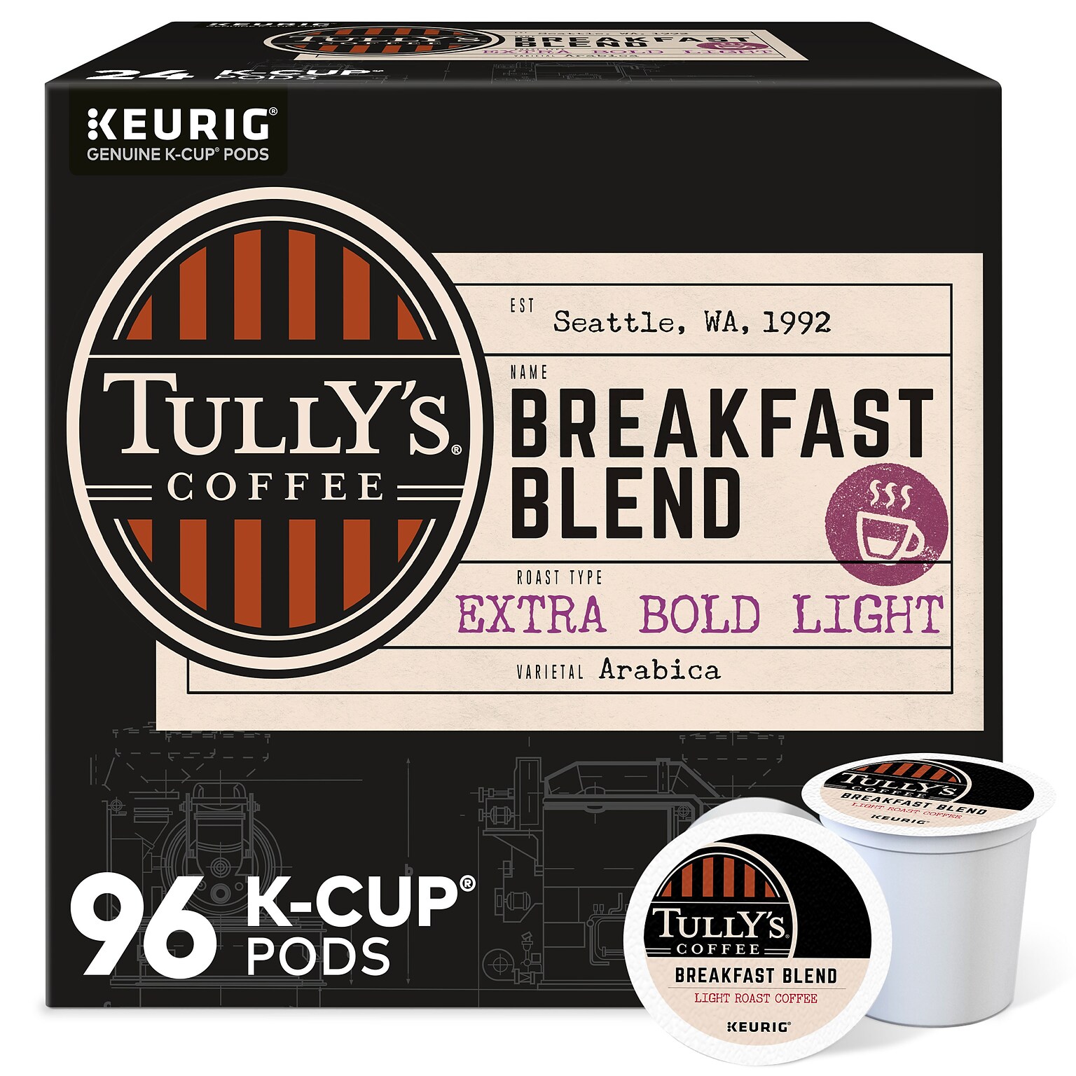 Tullys Breakfast Blend Extra Bold Coffee, Keurig K-Cup Pod, Light Roast, 96/Carton (192719CT)