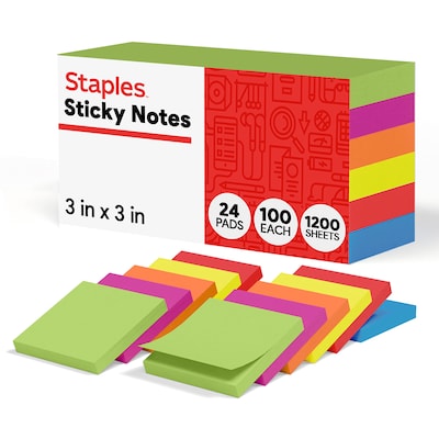 Staples Ultra Sticky Notes, 3 x 3, Summer Breeze Collection, 100 Sheets/Pad, 24 Pads/Pack (ST62882)