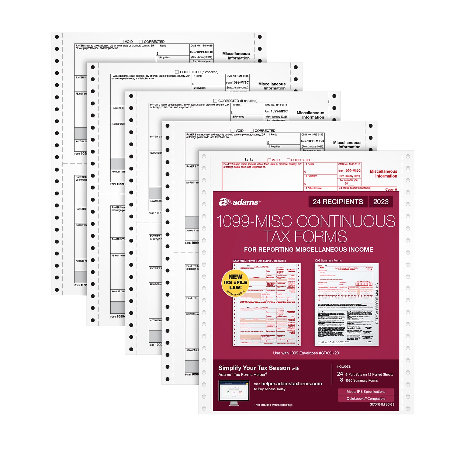 Adams 2023 1099-MISC Continuous-Feed Tax Forms with 1096 Forms, 5-Part, 24/Pack (STAX524MISC-23)