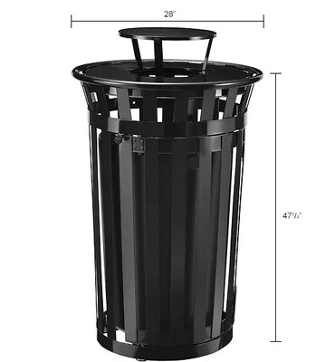 Global Industrial Outdoor Slatted Steel Trash Can w/ Access Door & Rain Bonnet Lid, 36 Gallon, Black (261941BK)