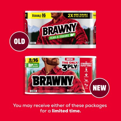 Brawny Tear-A-Square Paper Towels, 3-ply, 76 Sheets/Roll, 8 Rolls/Pack (446005)