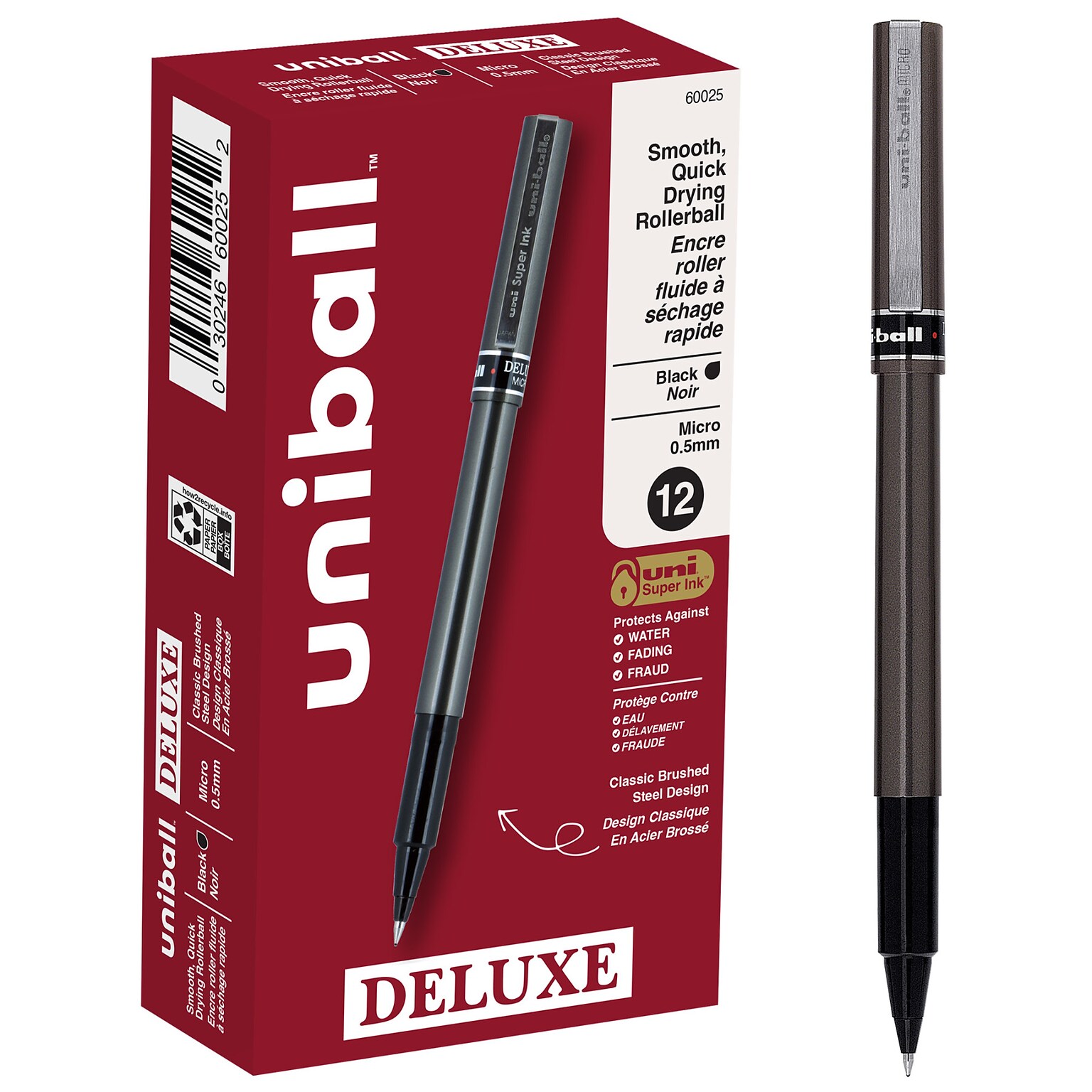 uni-ball Deluxe Rollerball Pens, Micro Point, Black Ink, 12/Pack (60025)