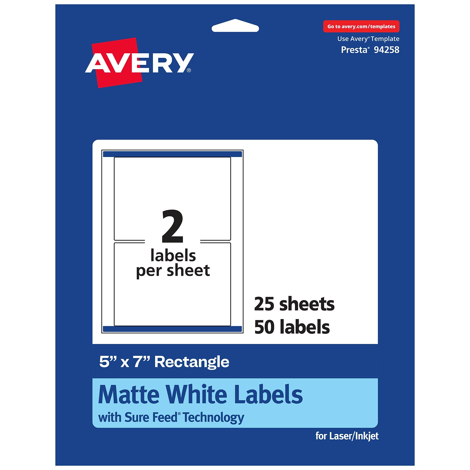 Avery Laser/Inkjet Rectangle Multipurpose Labels, 5 x 7, White, 50 Labels/Pack (94258)